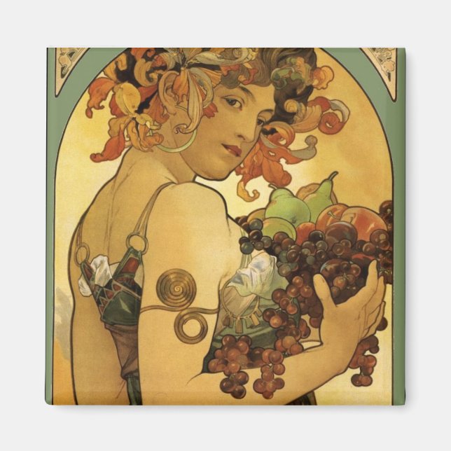 Imán Pintura de fruta de Alphonse Mucha (Frente)