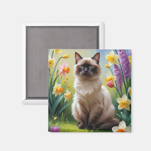 Imán Pintura de Gatos Siameses Flores de Primavera