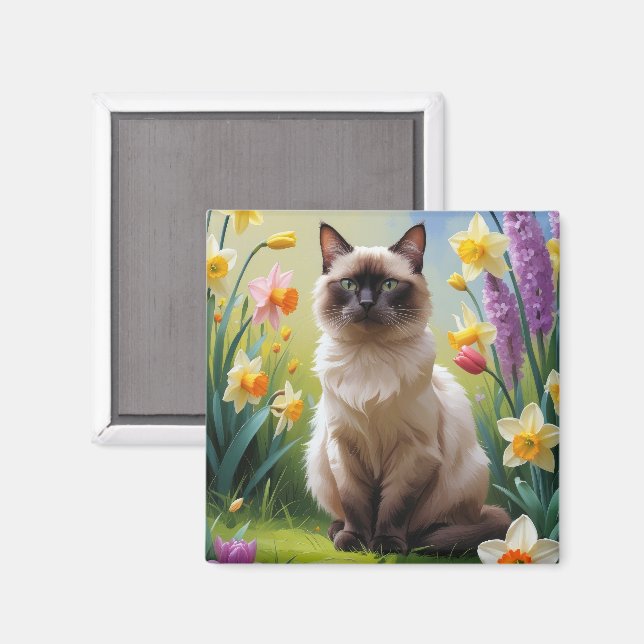 Imán Pintura de Gatos Siameses Flores de Primavera (Anverso/Reverso)