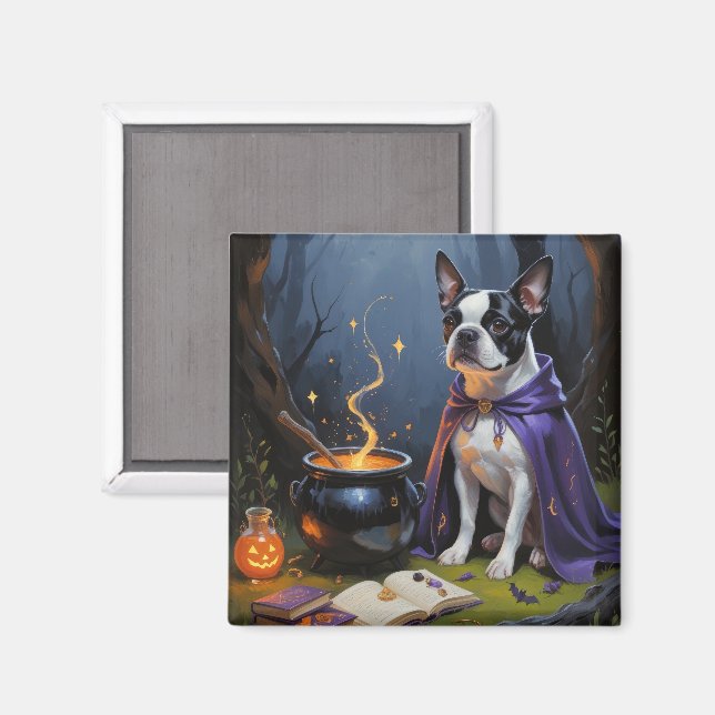 Imán Pintura de Halloween de Boston Terrier Dog (Anverso/Reverso)