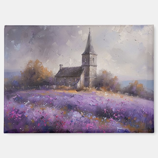 Imán Pintura de iglesia rústica y campo de flores silve (Anverso)