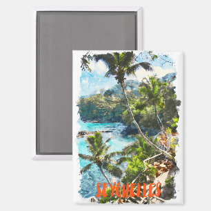 Imán Pintura de la isla Seychelles con acuarela tropica
