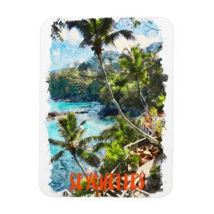 Imán Pintura de la isla Seychelles con acuarela tropica