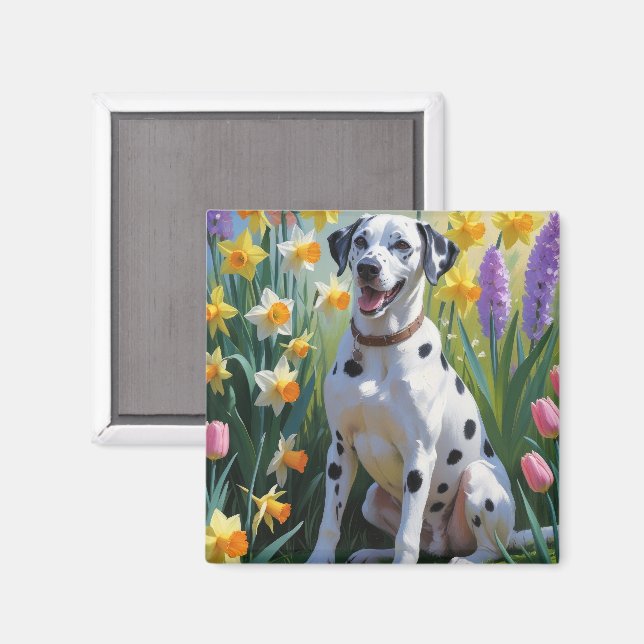 Imán Pintura de la primavera de perro de Dalmacia (Anverso/Reverso)