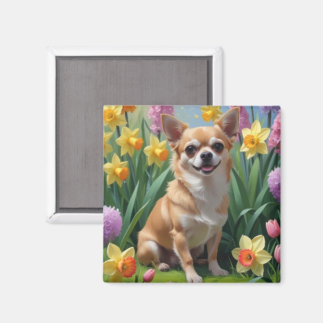 Imán Pintura de la primavera del perro de Chihuahua (Anverso/Reverso)