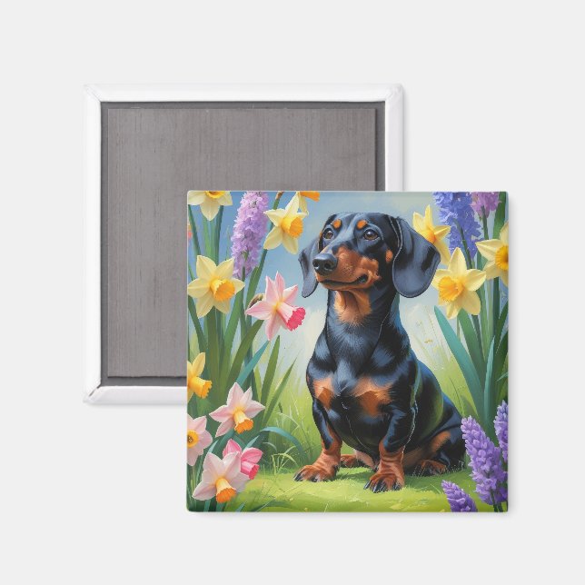 Imán Pintura de las flores de primavera de perro de Dac (Anverso/Reverso)