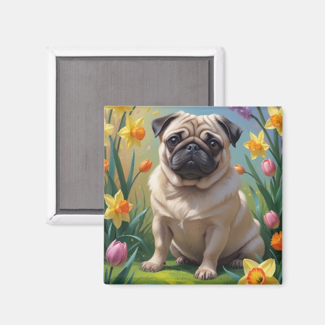 Imán Pintura de las flores de primavera de perro de pug (Anverso/Reverso)