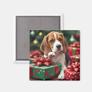 Imán Pintura de Navidad de Beagle envolviendo regalos
