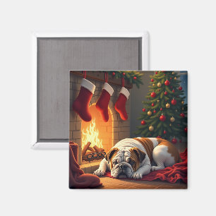 Imán Pintura de Navidad de Bulldog junto a la Chimenea
