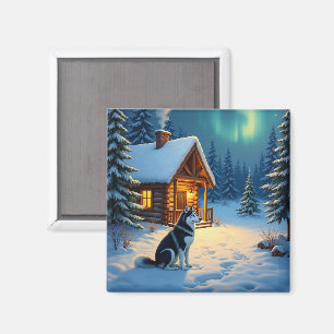 Imán Pintura de Navidad de cabaña nevada con Husky Sibe