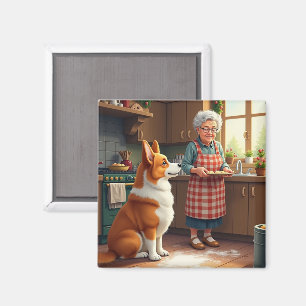 Imán Pintura de Navidad de Corgi horneando con la abuel