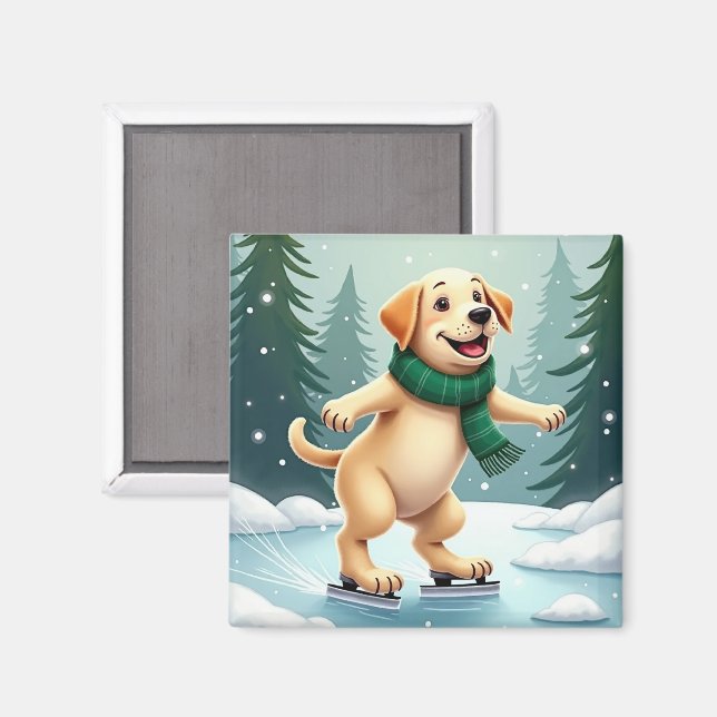 Imán Pintura de Navidad de Labrador Retriever patinando (Anverso/Reverso)