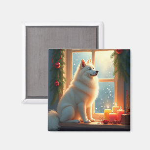 Imán Pintura de Navidad de Samoyed bajo el muérdago