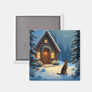 Imán Pintura de pastor alemán cabaña nevada navidad