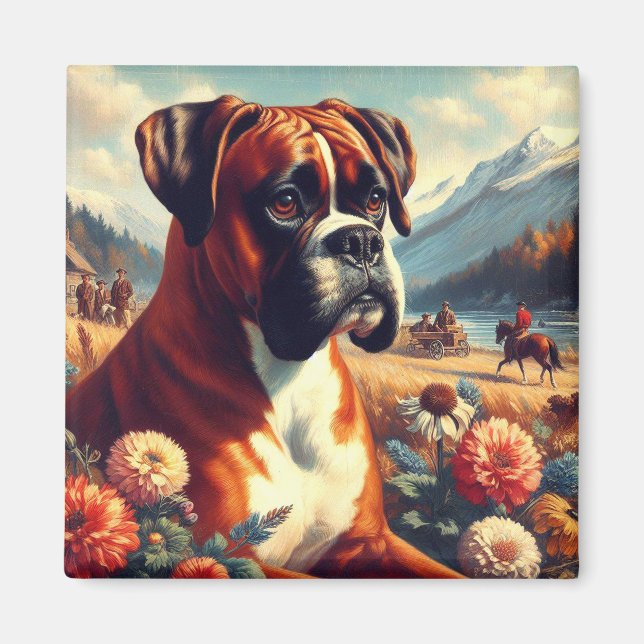Imán Pintura de perro de Boxer de época (Frente)