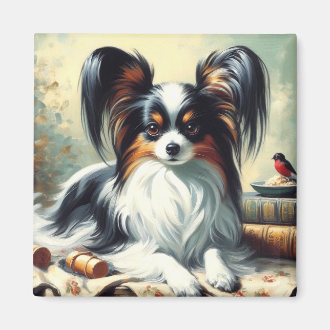 Imán Pintura de perro de Papillon de época (Frente)