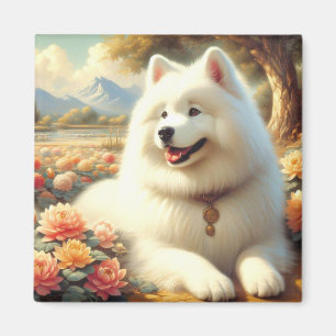 Imán Pintura de perro de Samoyed de época