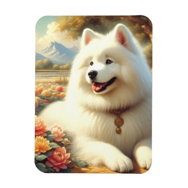 Imán Pintura de perro de Samoyed de época (Vertical)