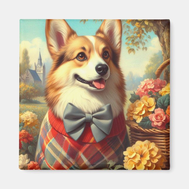 Imán Pintura de retro galés Corgi Cardigan (Frente)
