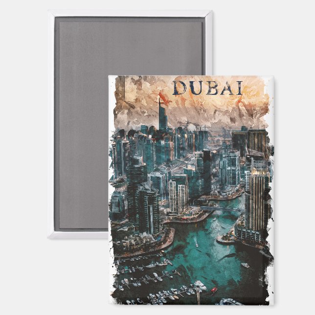 Imán Pintura de Skyline de la acuarela de los Emiratos  (Anverso/Reverso)