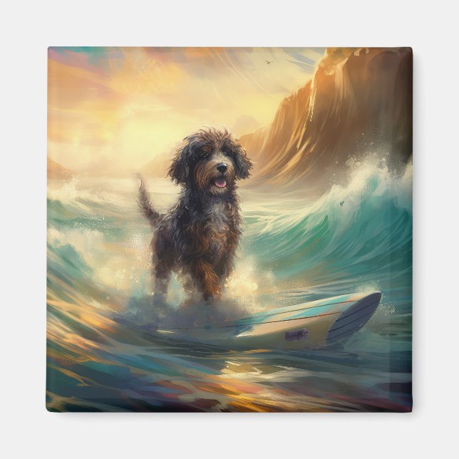Imán Pintura de surf en la playa de Bernedoodle (Frente)