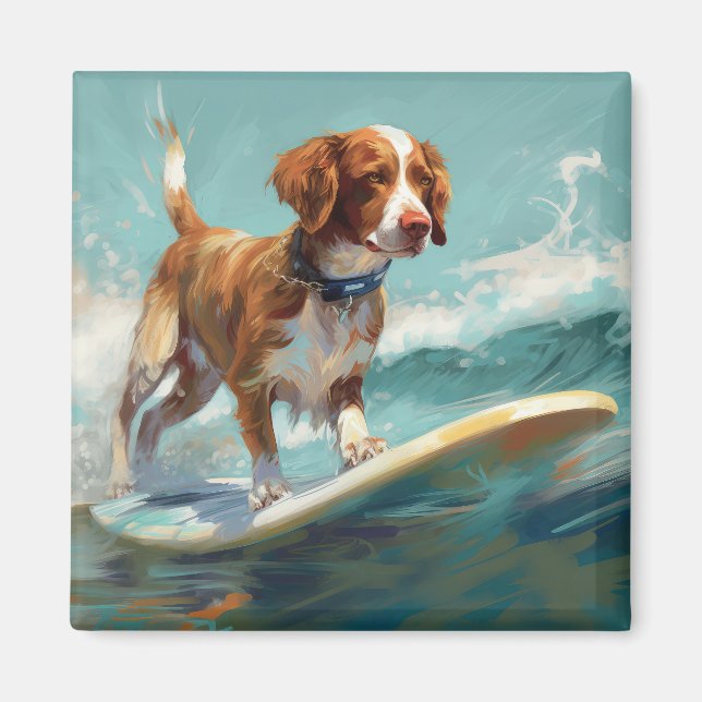 Imán Pintura de surf en la playa de Brittany Spaniel (Frente)
