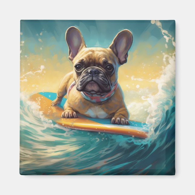 Imán Pintura de surf en la playa de Bulldog francés (Frente)
