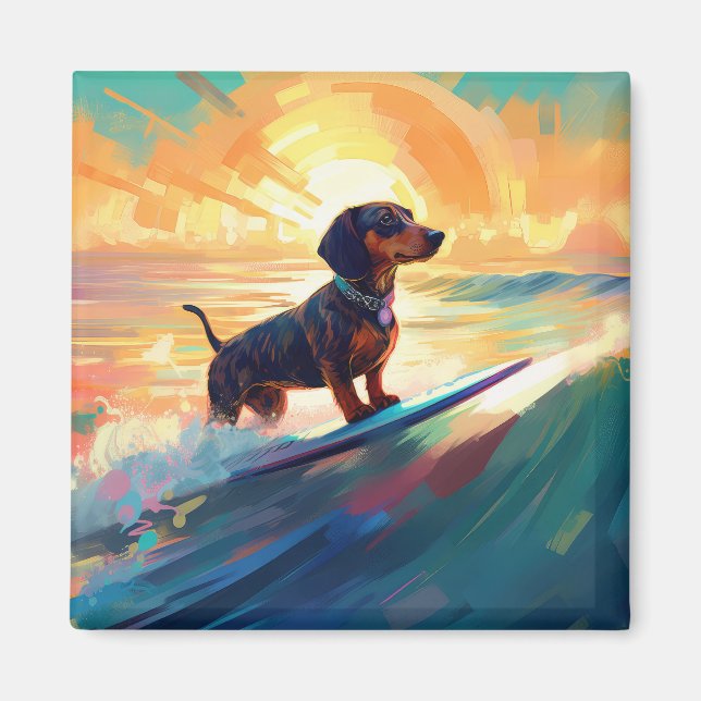 Imán Pintura de surf en la playa de Dachshund (Frente)