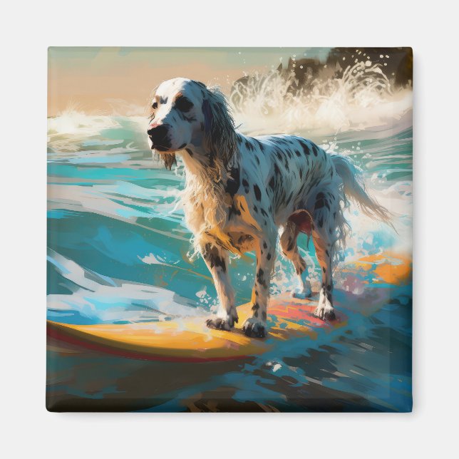 Imán Pintura de surf en la playa del Setter inglés (Frente)