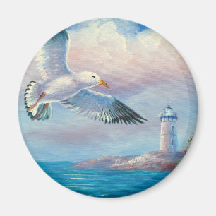 Imán Pintura de una gaviota que vuela cerca de un faro
