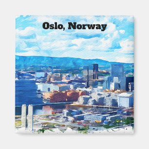 Imán Pintura en acuarela de Oslo Noruega Vista panorámi