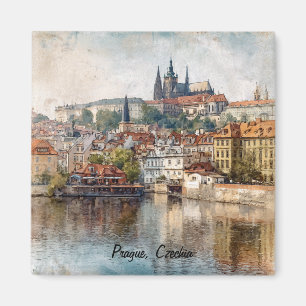Imán Pintura en acuarela de Praga vintage Chequia
