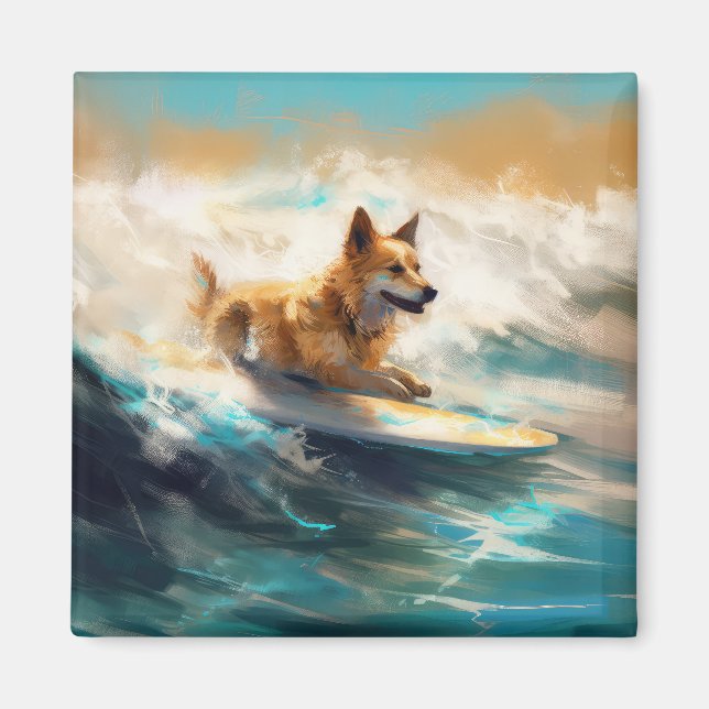 Imán Pintura finlandesa de Lapphund Beach Surfing (Frente)