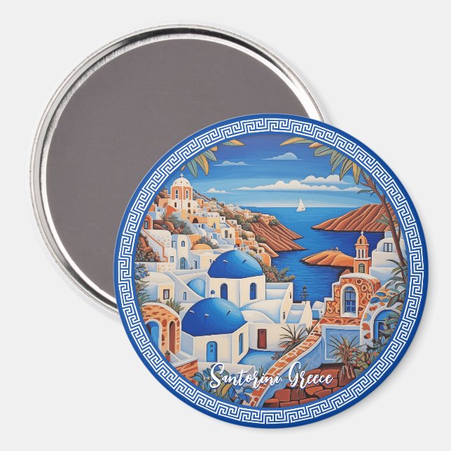 Imán Pintura marina de Santorini Greece | Arte de viaje (Anverso/Reverso)