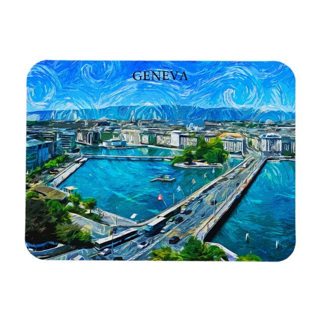 Imán Pintura panorámica de Ginebra Suiza (Horizontal)