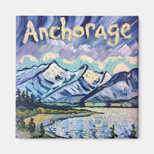 Imán Pintura panorámica de Van Gogh Style Anchorage Ala