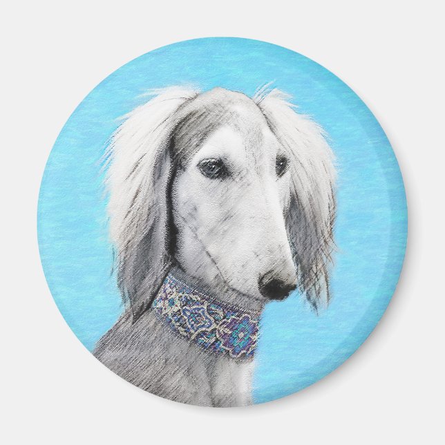 Imán Pintura Saluki (plateada) - Arte Perro Original. (Frente)