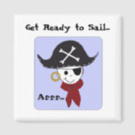 Imán Pirate Character with Blue Background<br><div class="desc">A cool pirate with a big pirate hat,  earring,  eyepatch and a red bandana. A cool pirate saying. Great for those pirate birthday parties.</div>