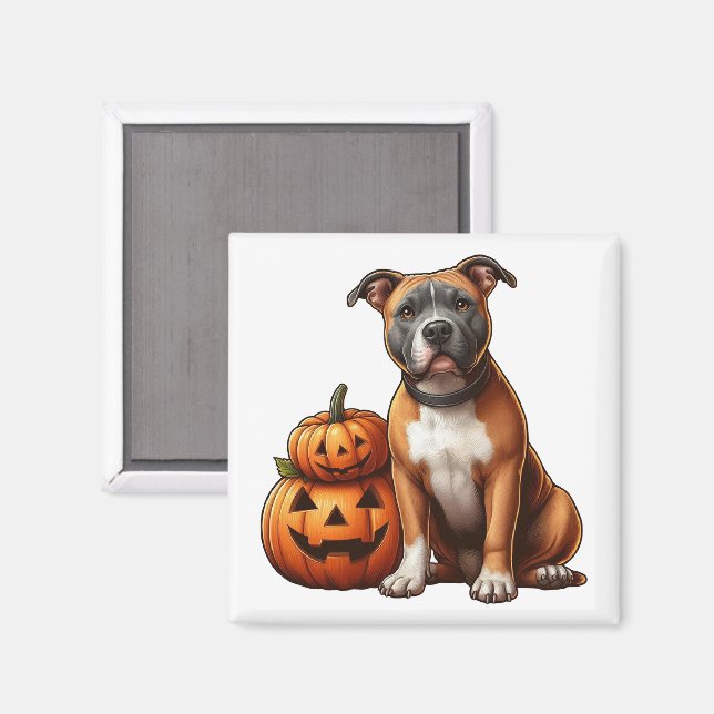 Imán Pitbull con calabazas de Halloween (Anverso/Reverso)