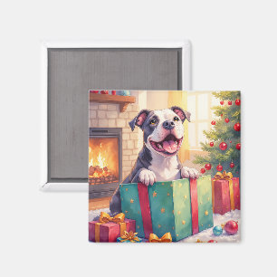 Imán Pitbull Juguetón Abriendo Regalos de Navidad Fiest