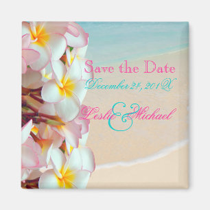 Imán PixDezines Guardar fecha, Plumeria rosa Lei+Beach