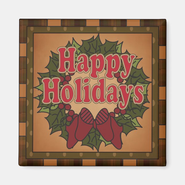 Imán Plaid Happy Holiday Wreath (Frente)