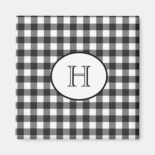 Imán Plaid negro y blanco con monograma personalizado (Frente)