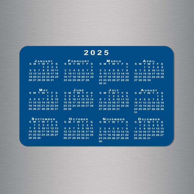 Imán Plantilla de fondo azul del calendario blanco 2025 (White 2025 Calendar Blue Background Template Magnet in situ)