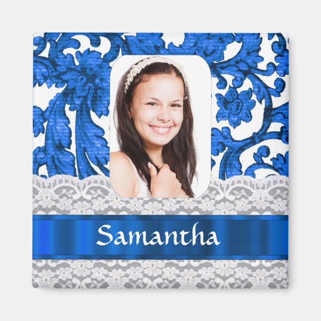 Imán plantilla de foto de encaje azul (Frente)