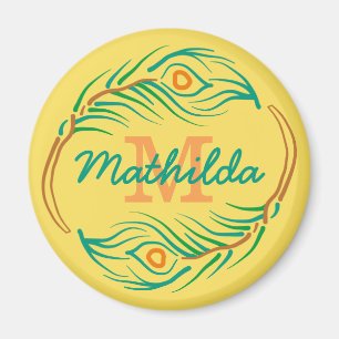 Imán Plantilla del monograma de la pluma del pavo real