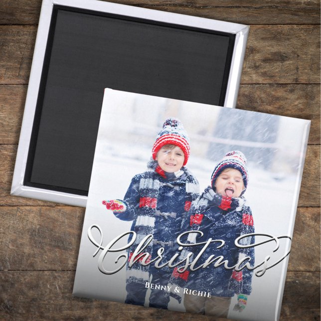 Imán Plantilla simple de fotos navideñas (Merry Christmas holiday photo magnet with silver calligraphy script. )