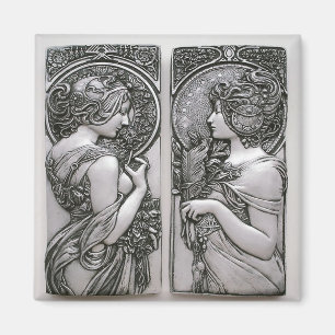 Imán Plata, Art Nouveau, diseño, gemelos hembras, Mucha