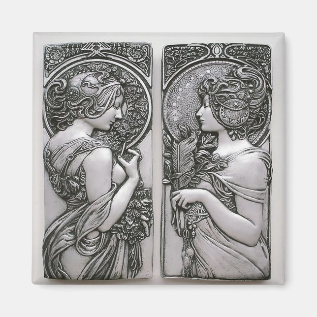 Imán Plata, Art Nouveau, diseño, gemelos hembras, Mucha (Frente)