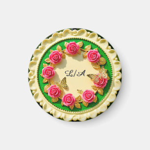 Imán Plato con borde verde decorativo con rosa rosa
